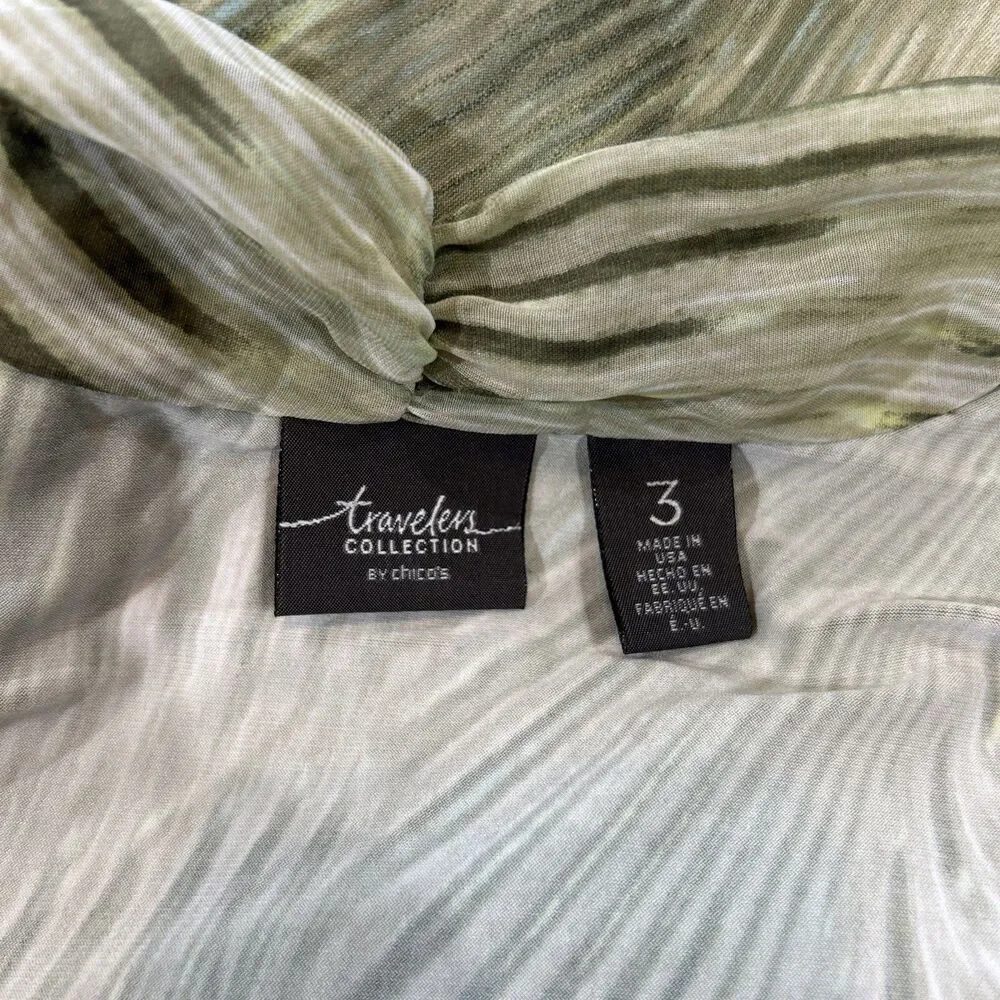 Chicos 3 Travelers Cardigan Green Frond Feather Open Front Semi Sheer Women's XL